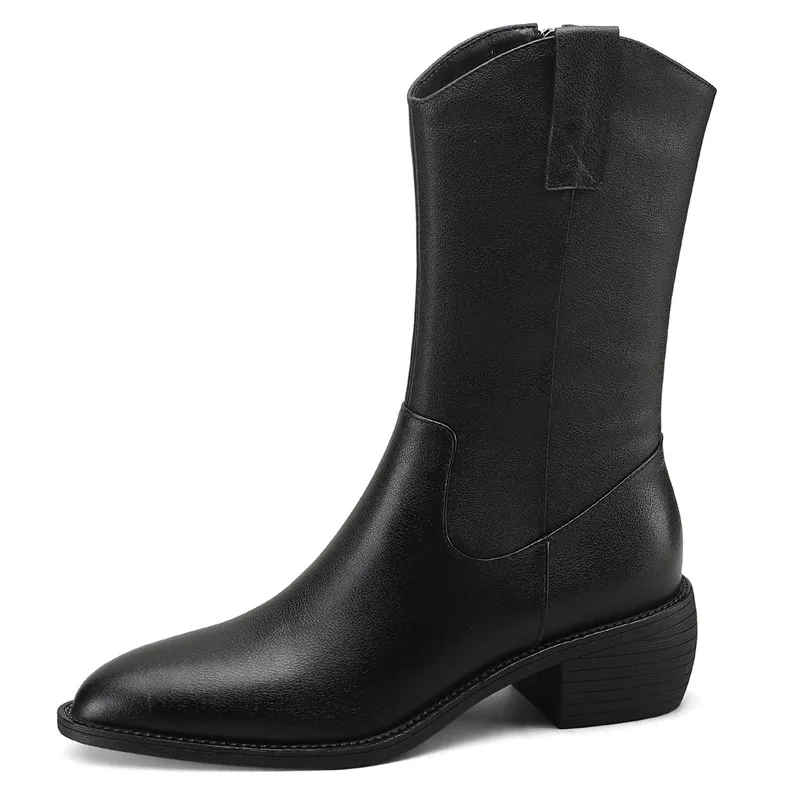 Genuine leather zipper mid calf boots with square heels - Image 2