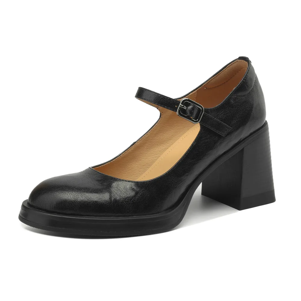 Genuine leather round toe high heels mary janes shoes - Image 8