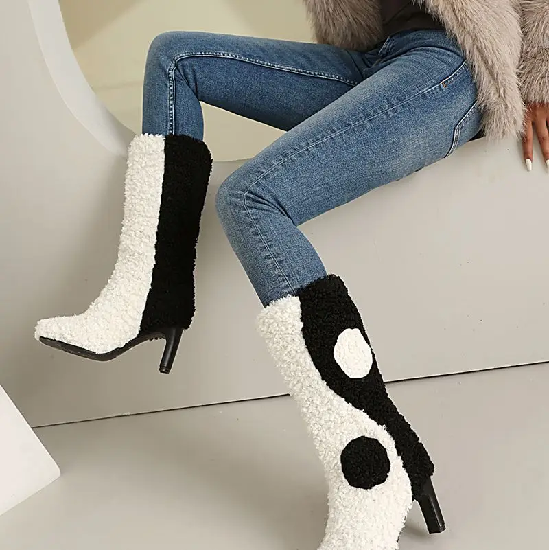 Winter warm plush high heel boots slip-on outdoor mid calf - Image 7