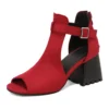 Red open-toe block heel ankle boots