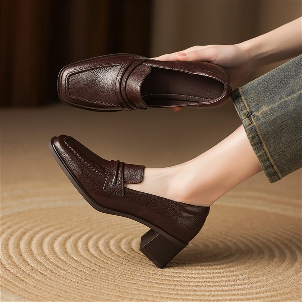 Retro genuine leather high heel pumps with square toe - Image 9