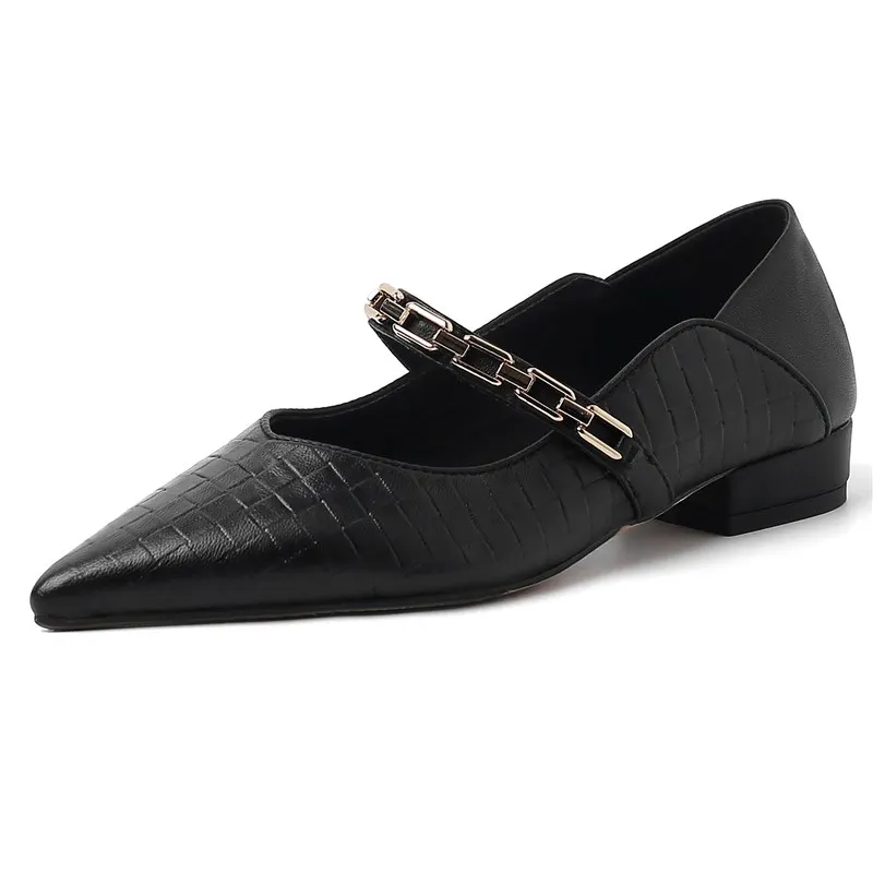 Genuine leather pointed toe mary jane shoes with mid heels - Image 2