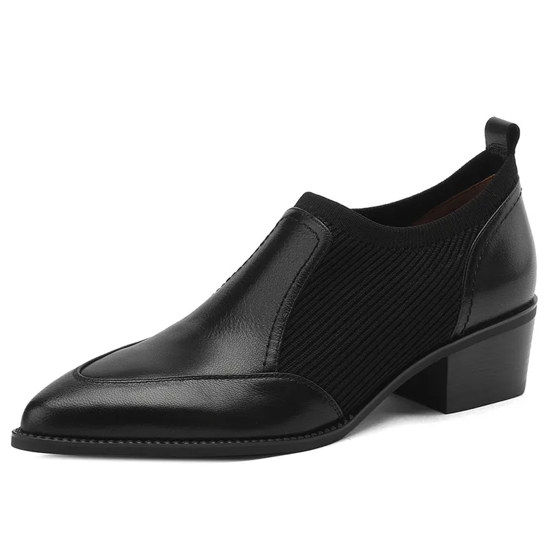 Sheepskin leather pointed toe slip-on pumps with square med heels - Image 2