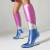 Pointed color block zipper high heel knee boots