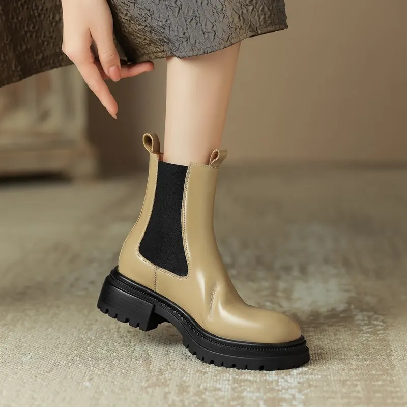 Chelsea boots slip on round toe platform ankle boots genuine leather - Image 4