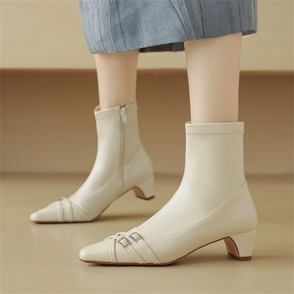 Pointed toe buckle ankle boots high heels genuine leather - Image 10