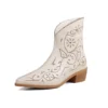 Pointed print leather mid heel western short boots