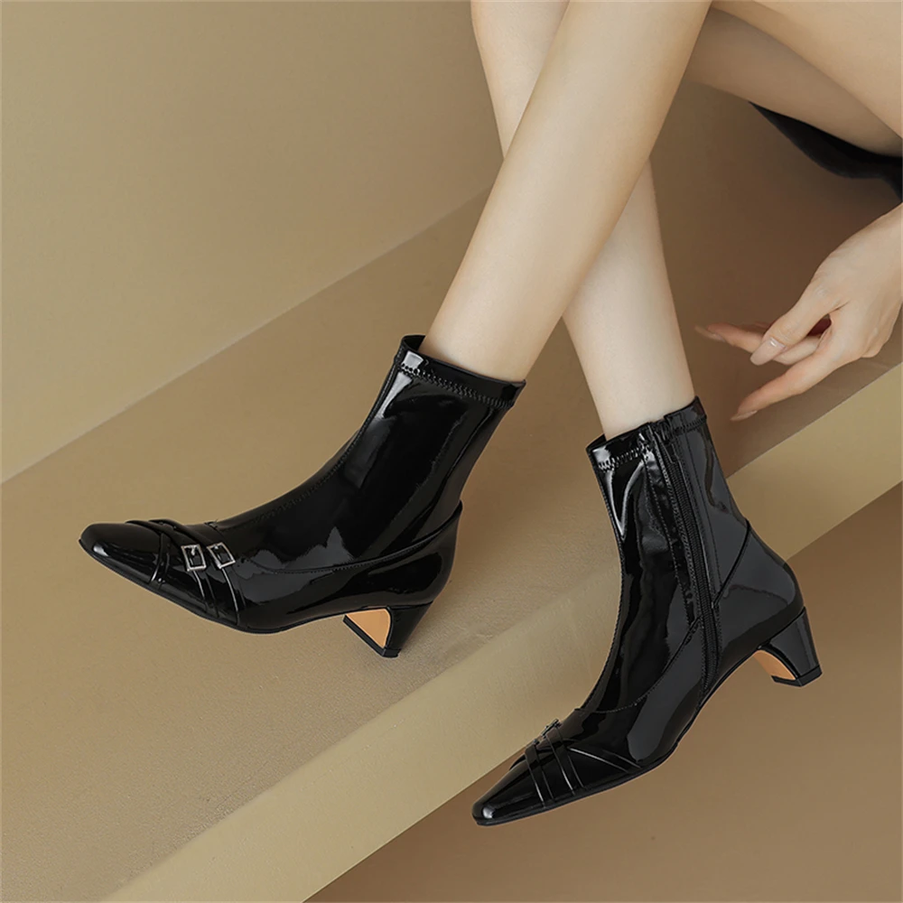 Pointed toe buckle ankle boots high heels genuine leather - Image 2