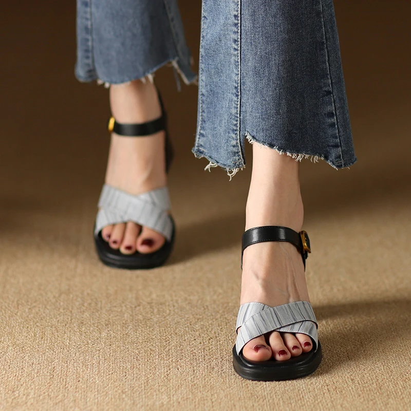 Elegant genuine leather high heel sandals with buckles - Image 9
