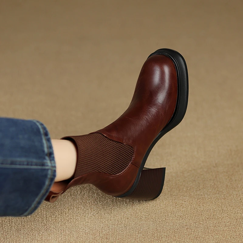 Genuine leather black round toe high heel chelsea ankle boots - Image 3