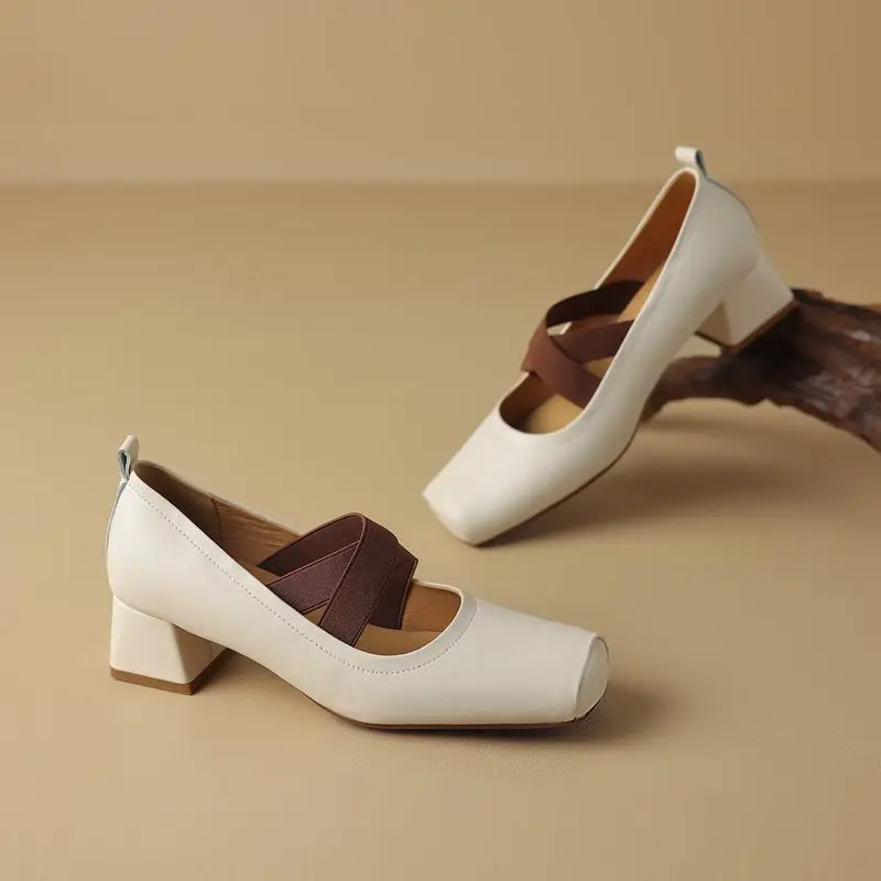Genuine leather square toe mid heels mary janes - Image 3