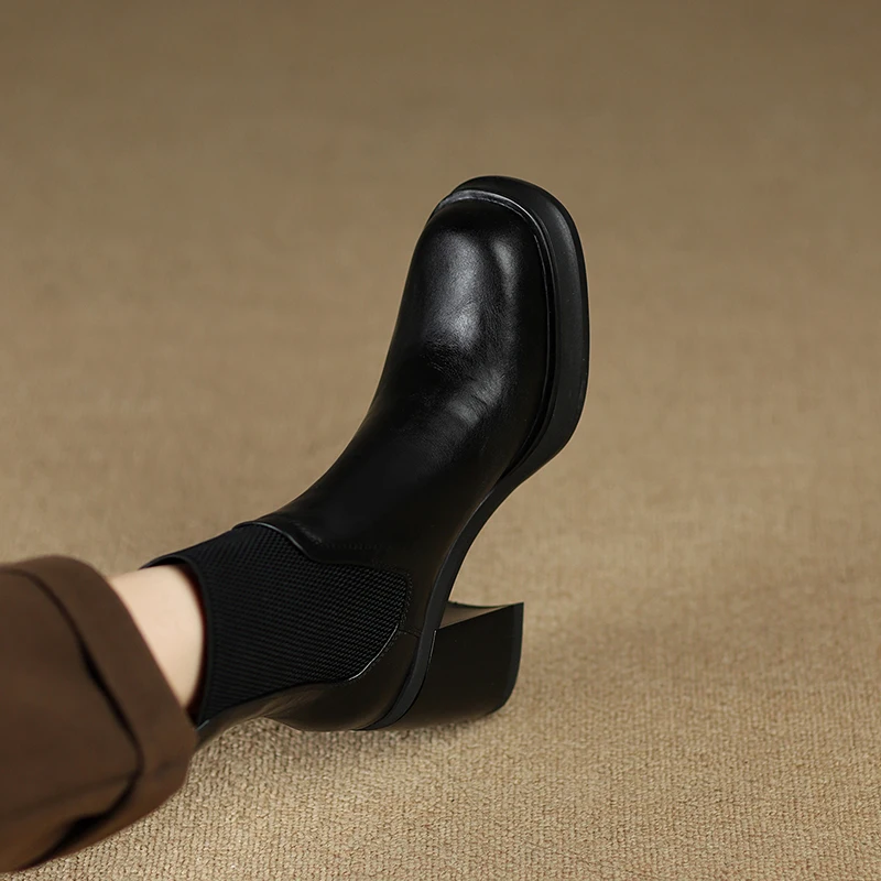 Genuine leather black round toe high heel chelsea ankle boots - Image 7