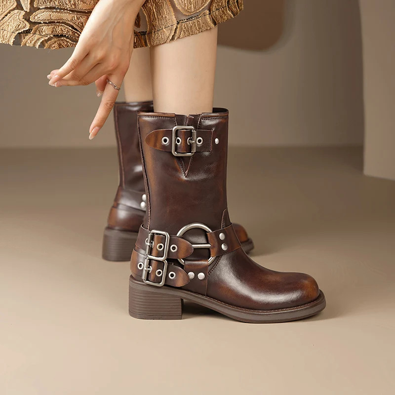 Genuine leather mid calf slip on motorcycle boots - Image 2