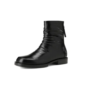 Black leather ankle boots with low heels