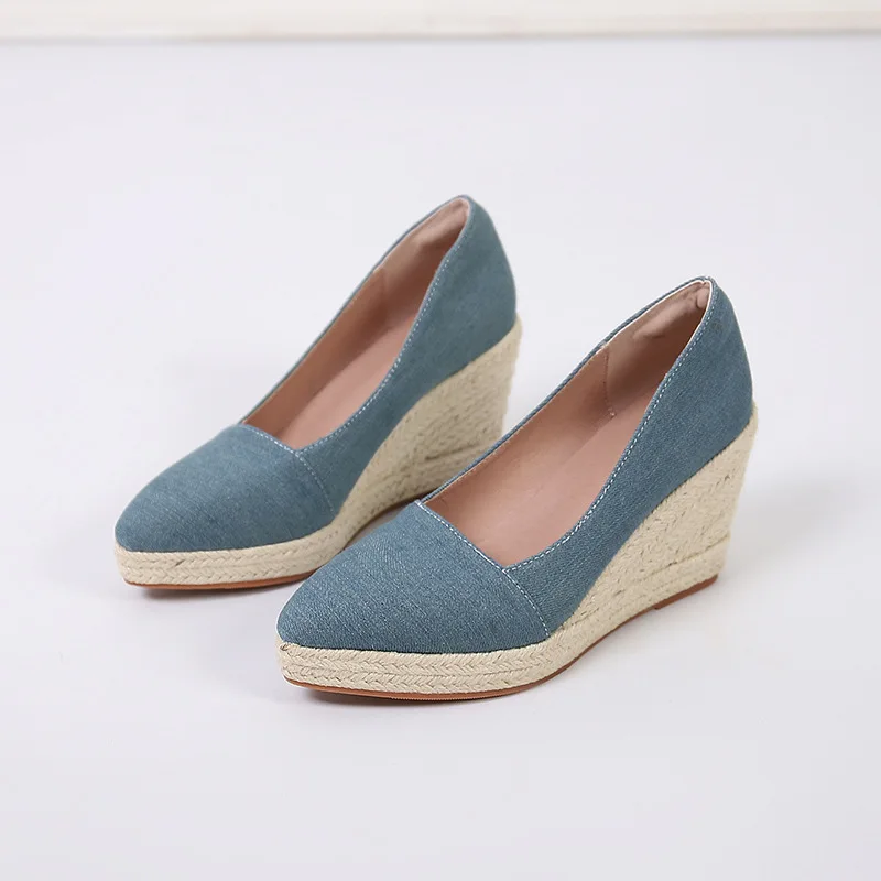 Blue canvas wedge espadrilles pointed toe slip-on pumps - Image 7