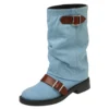 Fashion denim mid-calf boots with belt buckle and thick heels