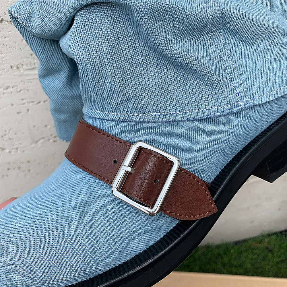 Mid-calf denim boots with round toe and buckle - Image 4