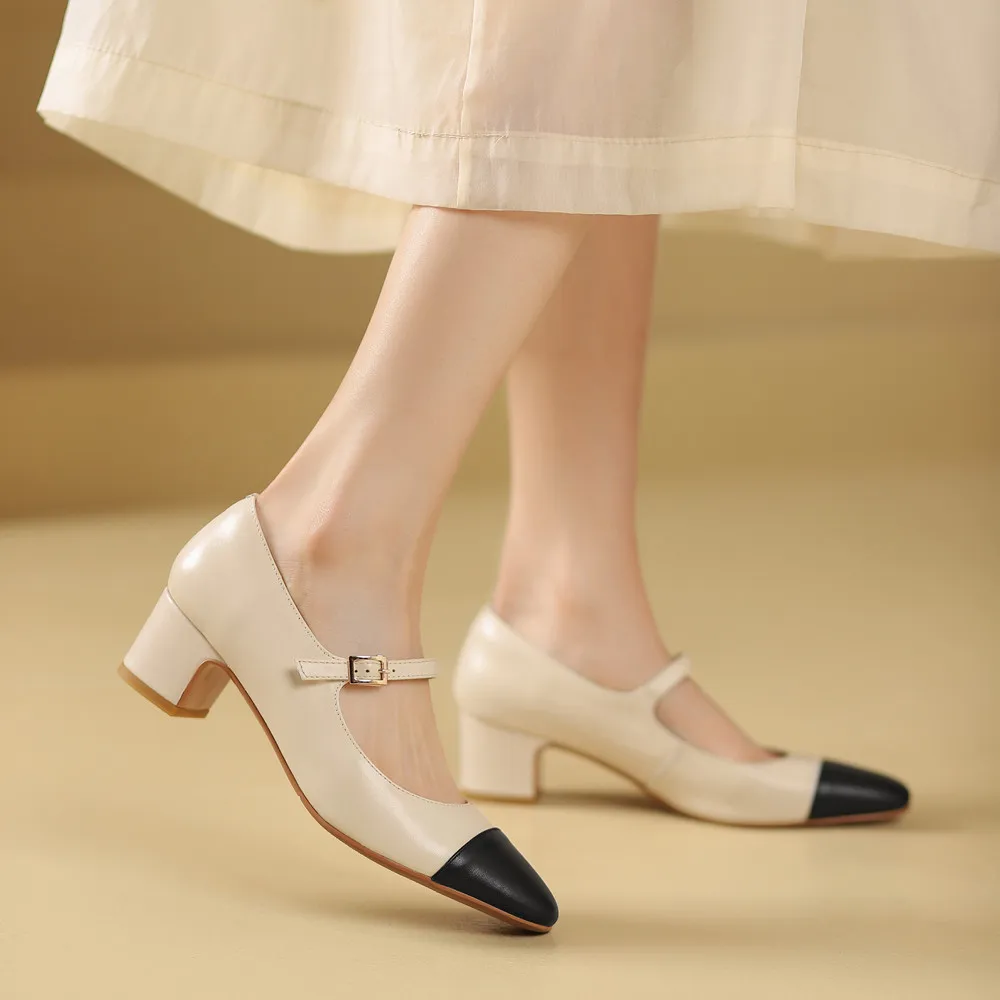 Genuine leather thick heeled mary jane pumps with buckle strap - Image 3