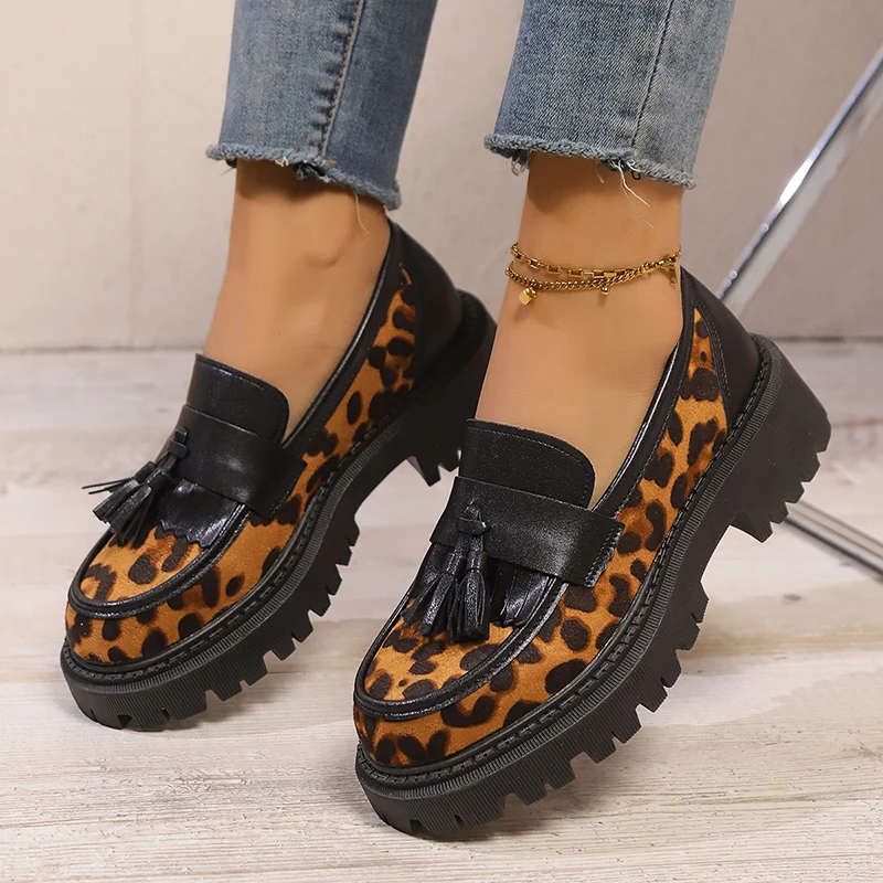 Faux suede leopard platform loafers with tassels - Image 2