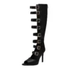 Pointed toe high heel knee high boots with metal belt