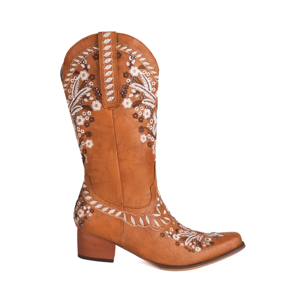Embroidered knee high western boots with block heels - Image 6