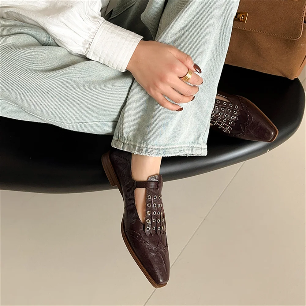 Punk rivet genuine leather low heel pumps - Image 10