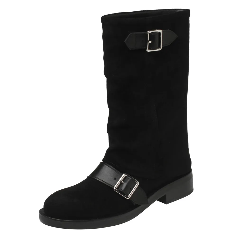 Mid-calf denim boots with round toe and buckle - Image 3