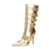 Pointed belt buckle high heel gold large boots