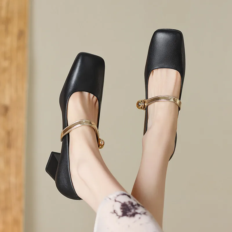 Genuine leather vintage square toe high heels mary janes shoes - Image 5
