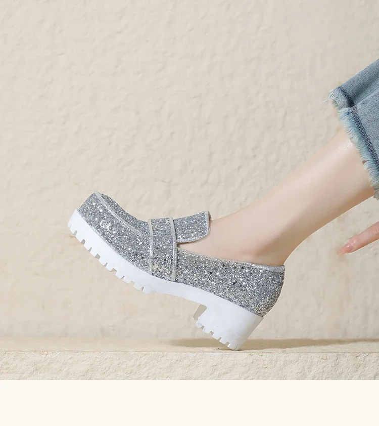 Sequin round toe slip-on pumps with thick heels - Image 5