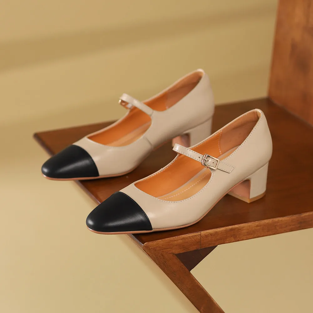 Genuine leather thick heeled mary jane pumps with buckle strap - Image 9