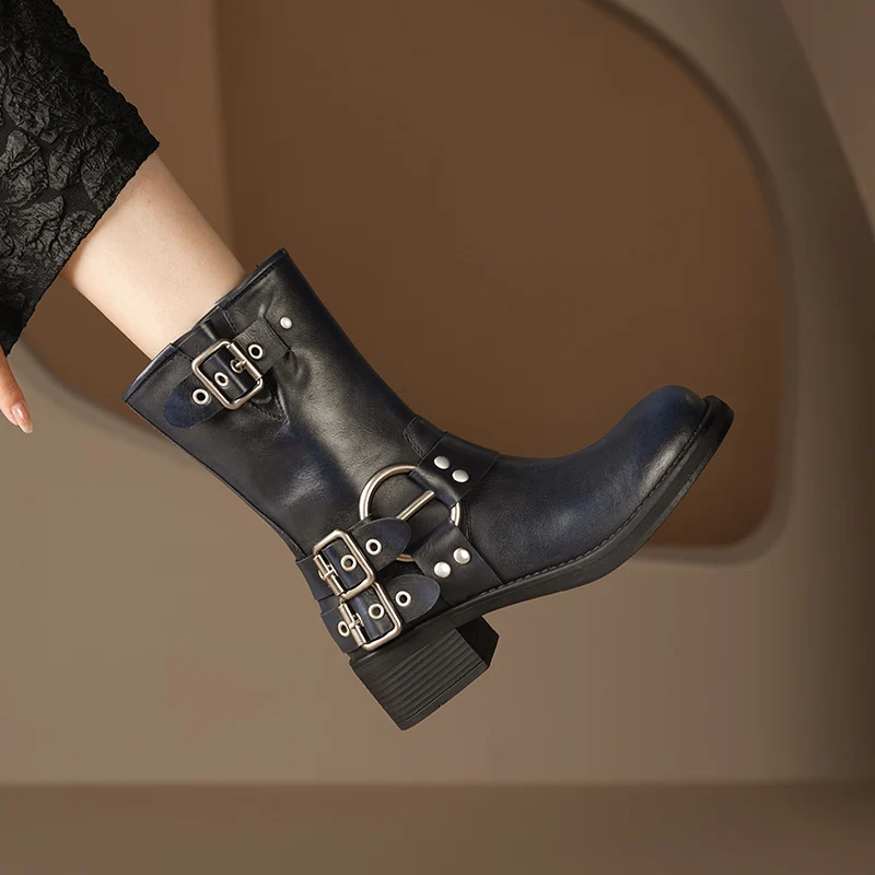 Genuine leather mid calf slip on motorcycle boots - Image 9