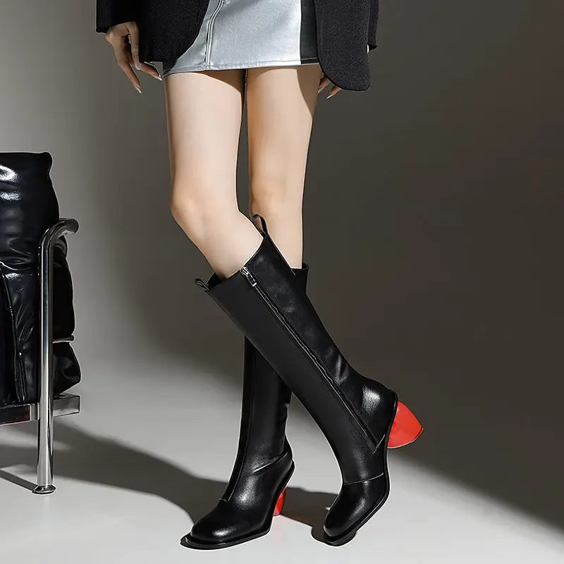 Knee high round toe high heel boots faux leather - Image 3