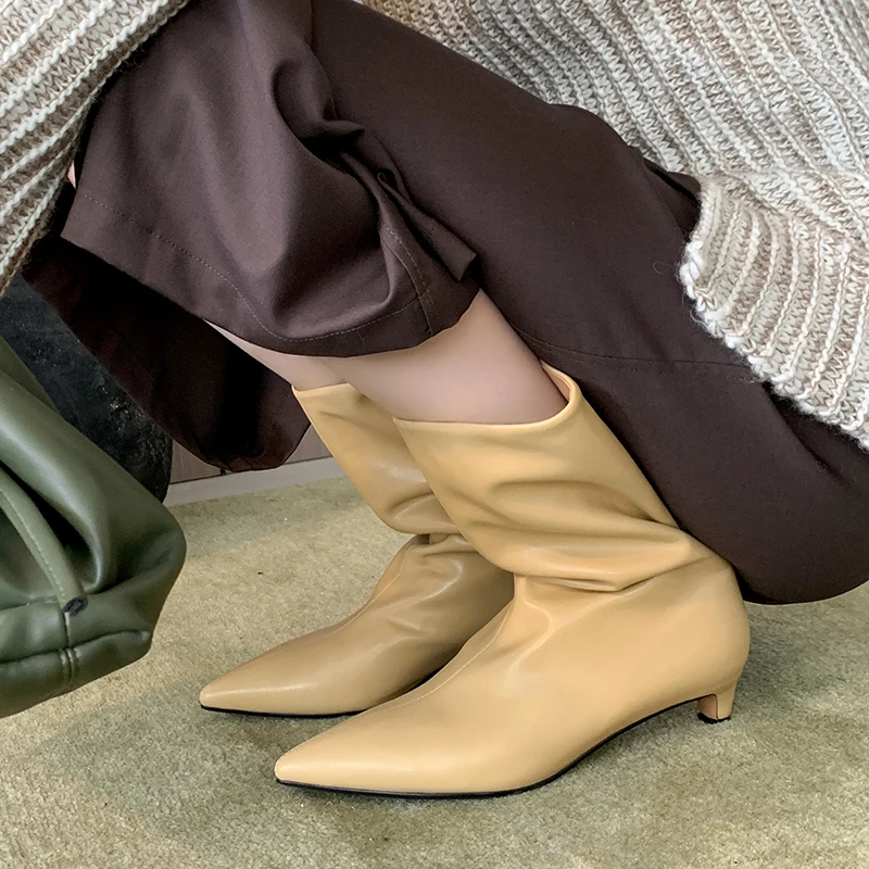 Fashion mid calf leather boots with kitten heels - Image 2