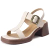 Genuine leather summer sandals with buckle and thick heels
