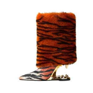 Fur boots with tiger and leopard print, pointed toe, irregular heel