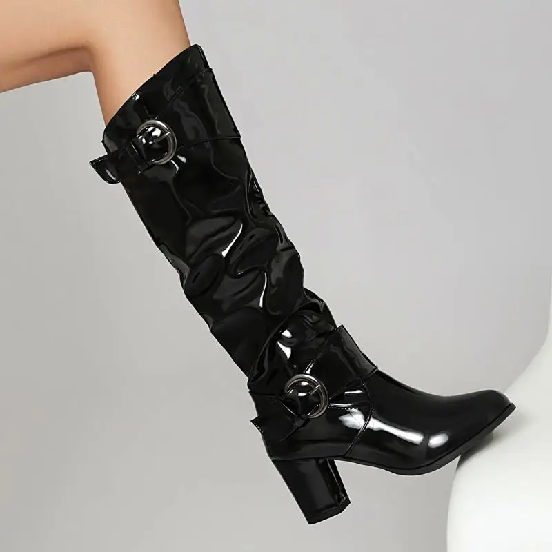 Plus size block high heels knee high boots with zipper and buckle - Image 6