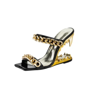 Square head high heel open toe slippers with metal chain