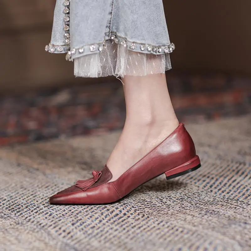 Genuine leather low heels pointed toe vintage office shoes - Image 12