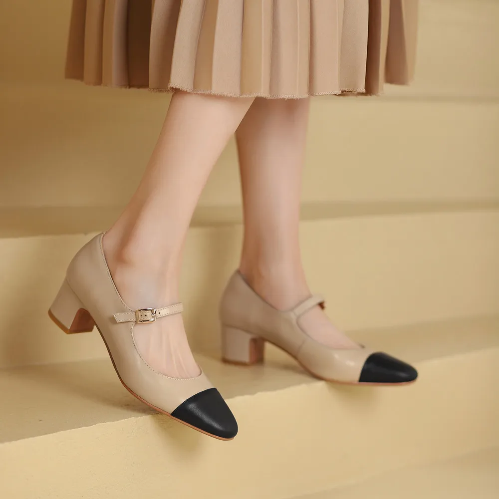 Genuine leather thick heeled mary jane pumps with buckle strap - Image 2