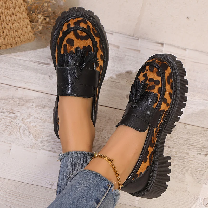 Faux suede leopard platform loafers with tassels - Image 3
