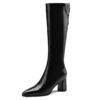 Genuine leather zipper knee high boots with pointed toe and thick heels