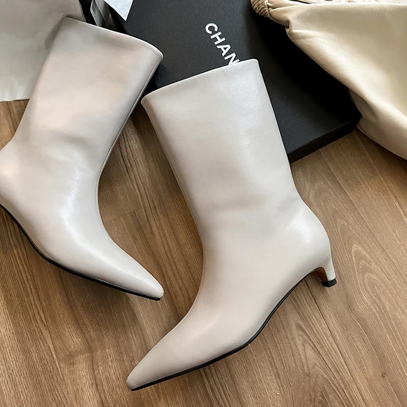 Fashion mid calf leather boots with kitten heels - Image 3