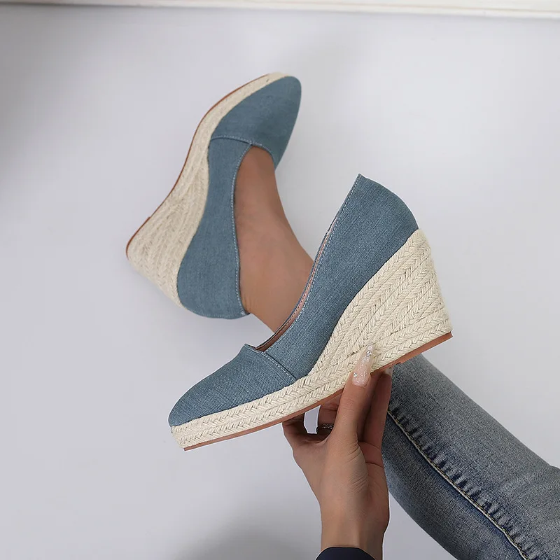 Blue canvas wedge espadrilles pointed toe slip-on pumps - Image 4