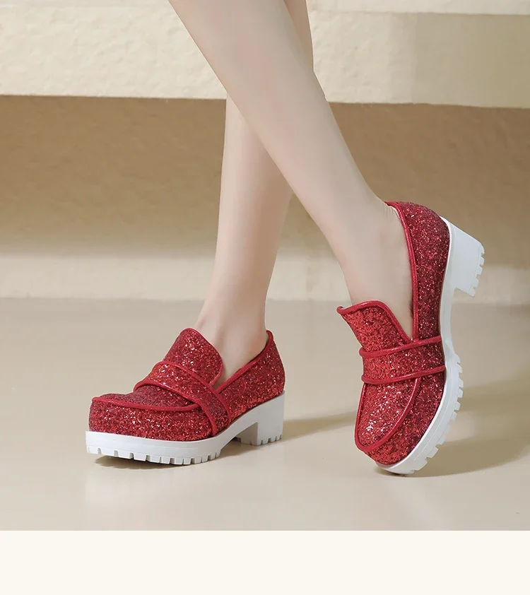 Sequin round toe slip-on pumps with thick heels - Image 7