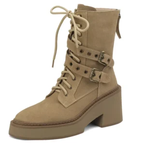 Cow suede leather mid calf boots with buckle and zipper