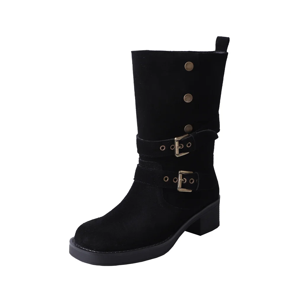 Suede leather mid-calf motorcycle boots with thick heels and buckles - Image 7