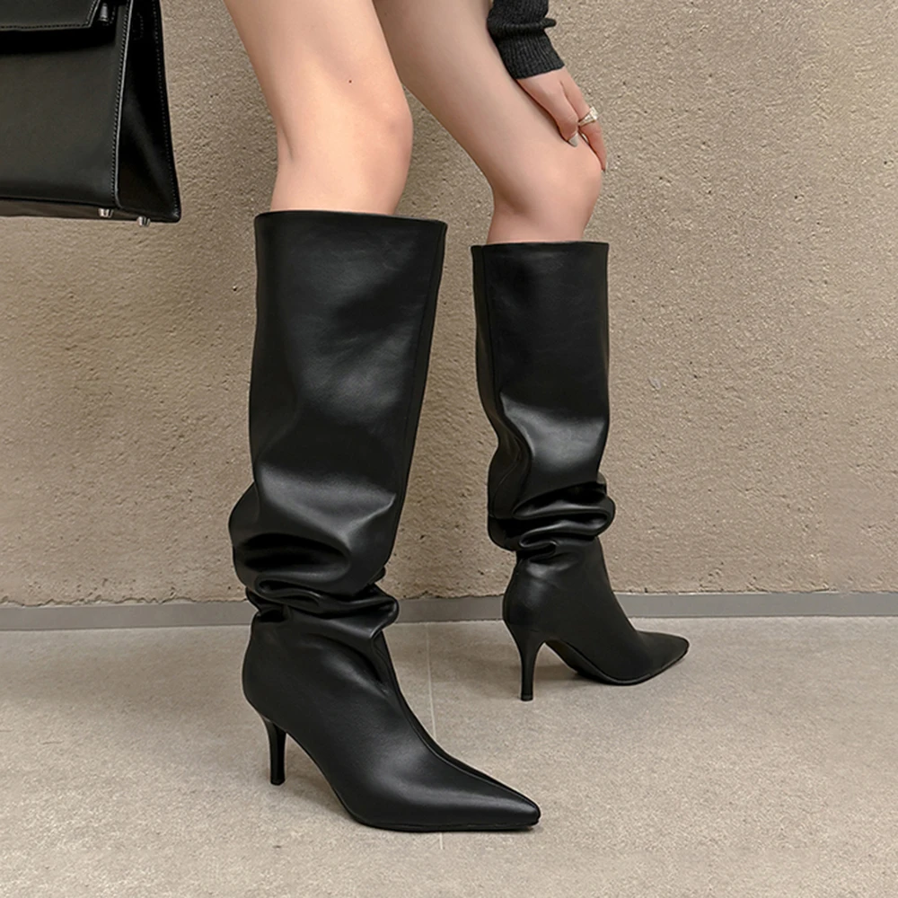 Pleated design pointed toe high heel wide calf boots - Image 6
