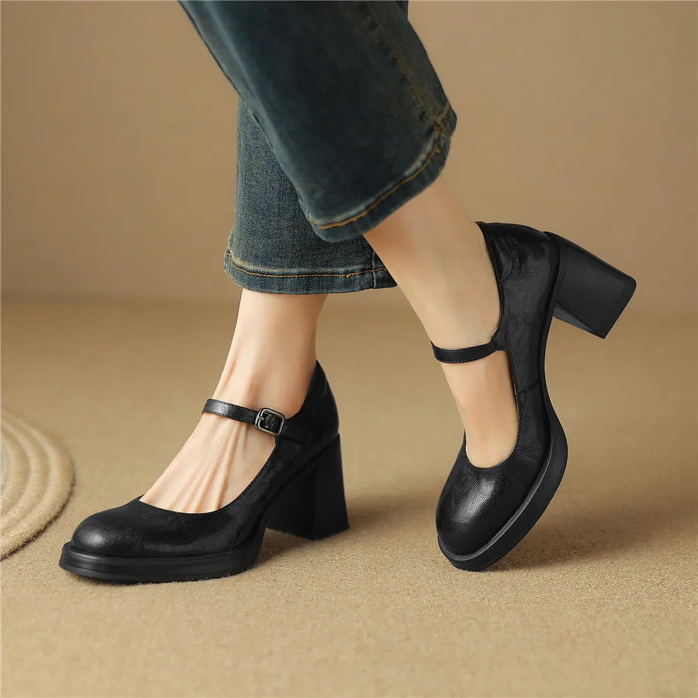 Genuine leather round toe high heels mary janes shoes - Image 4
