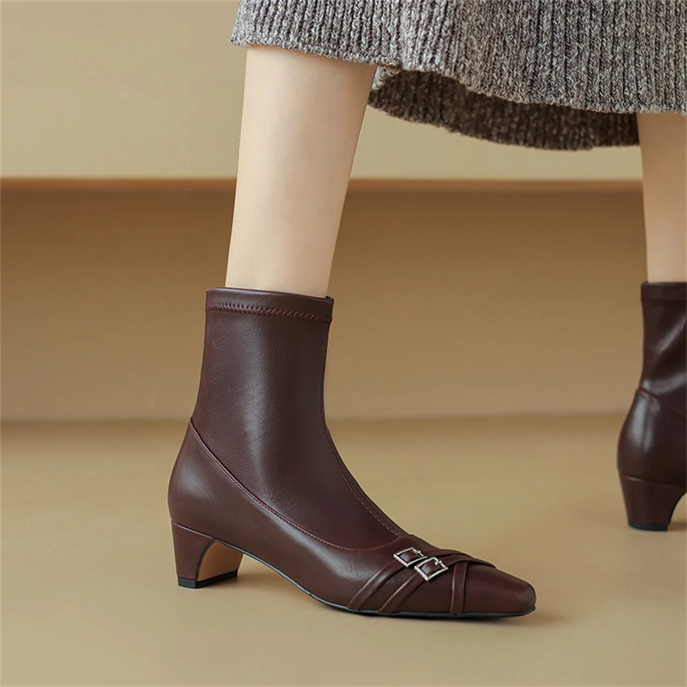 Pointed toe buckle ankle boots high heels genuine leather - Image 4